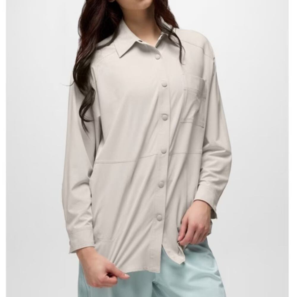 Prana Railay Oversized Button Down Shirt Women's M Almond Relaxed Fit Stretch